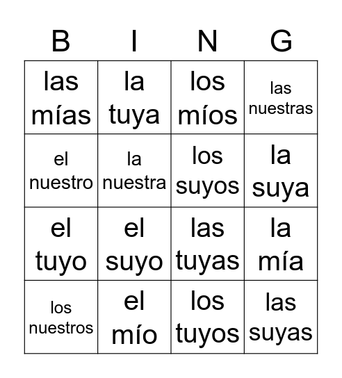 Possessive Pronouns Bingo Card