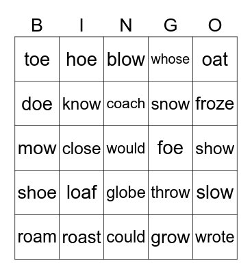 Sort 19 - Long O words Bingo Card