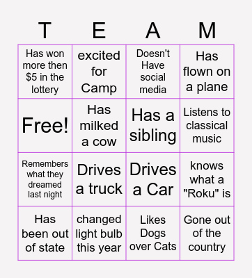 Get to know your TEAM Bingo Card