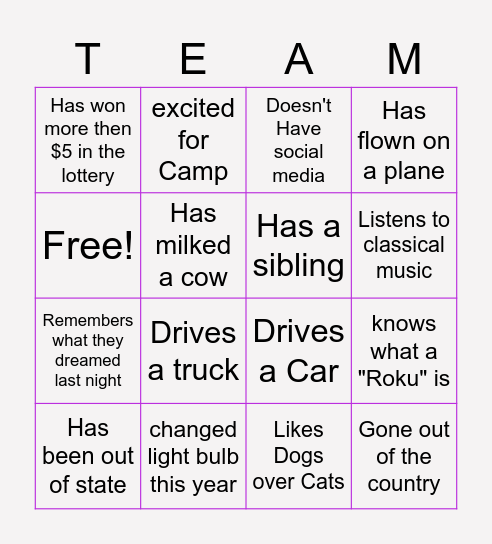 Get to know your TEAM Bingo Card