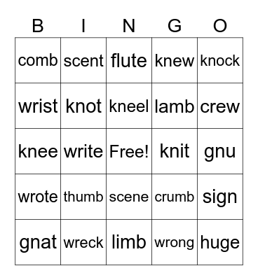 Silent Letters Bingo Card