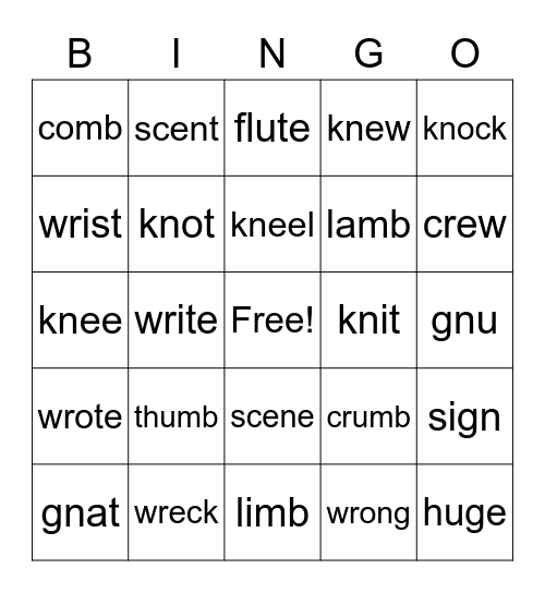 Silent Letters Bingo Card