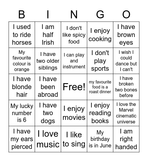 Get to Know Me Better Bingo Card
