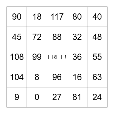 Multiplication Bingo (8's & 9's) Bingo Card
