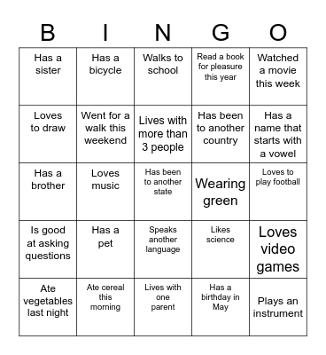 Getting to Know You Bingo Card