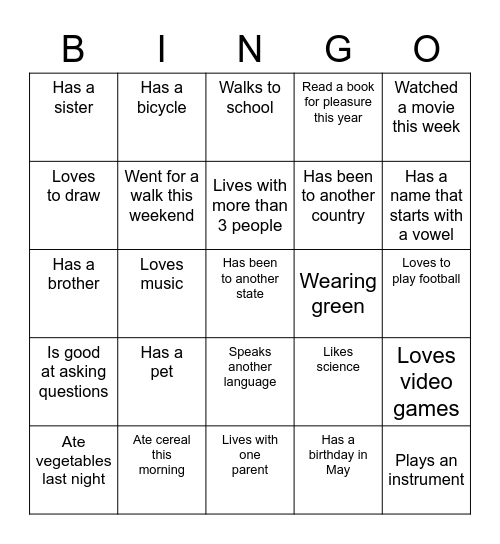 Getting to Know You Bingo Card