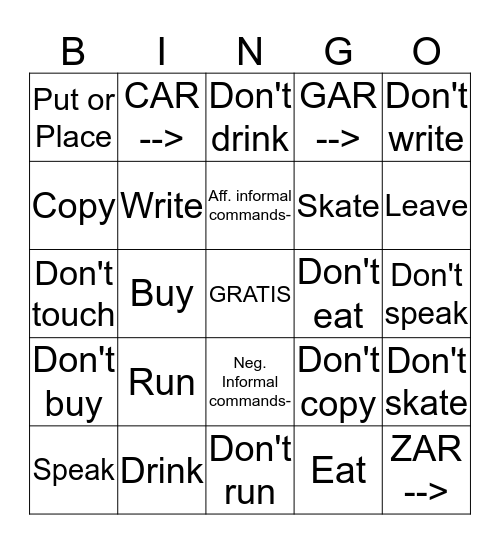 Informal Commands Bingo Card