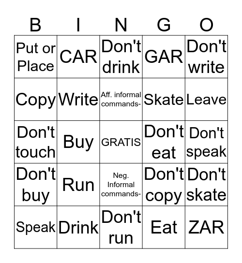 Informal Commands Bingo Card