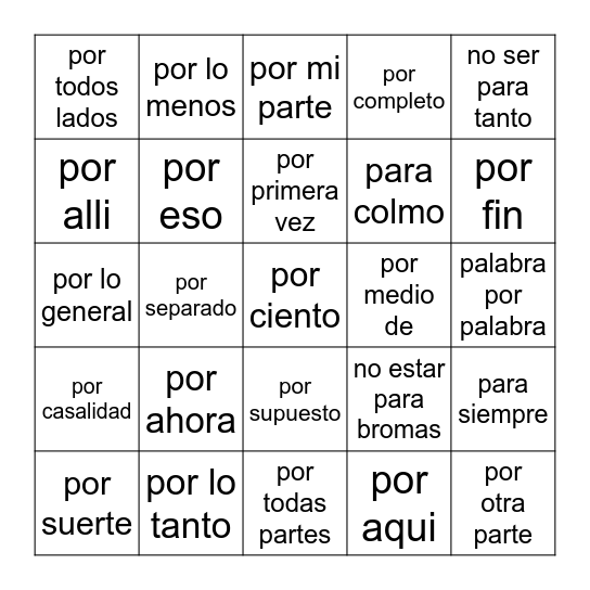 Unidad 30 Vocablario Bingo Card