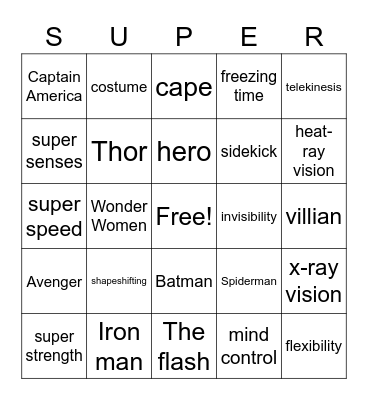 Super Hero Bingo Card