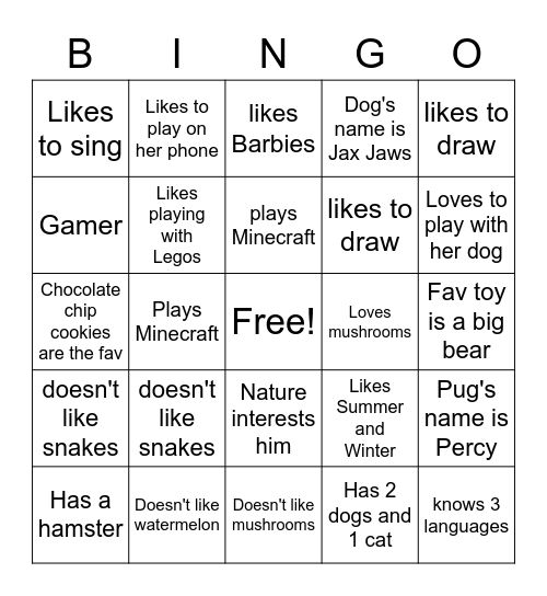 Know my friends-1st grade Bingo Card
