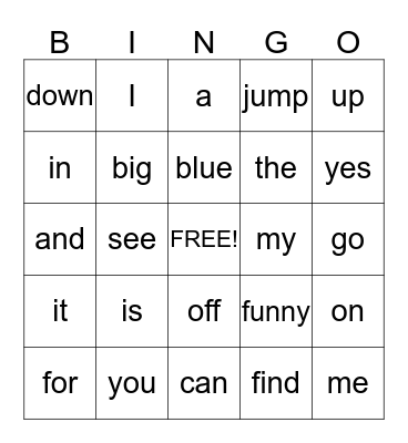 SIGHT WORD BINGO Card