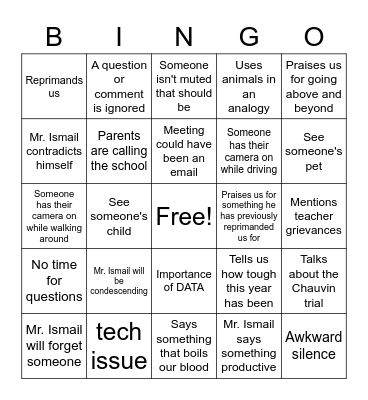 Monday Meeting BINGO card Bingo Card