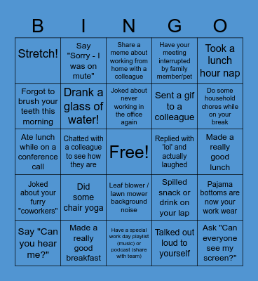 Remote Work Bingo Card