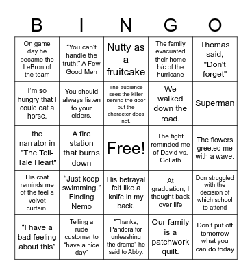 Literary Bingo Card