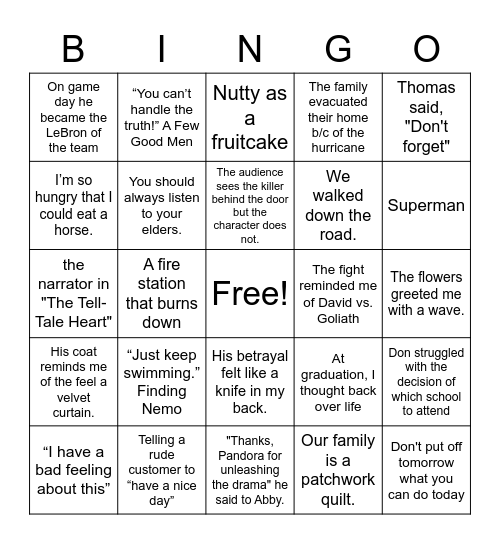 Literary Bingo Card