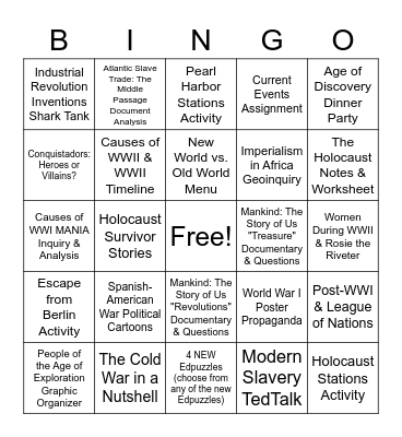 World History Final Countdown Bingo Card