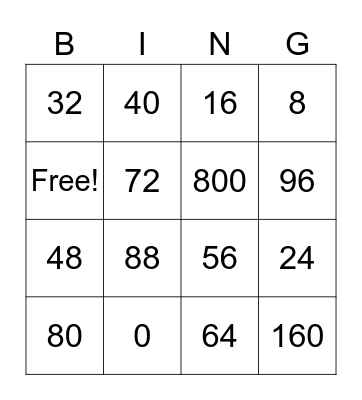 Multiplication 8's Bingo Card