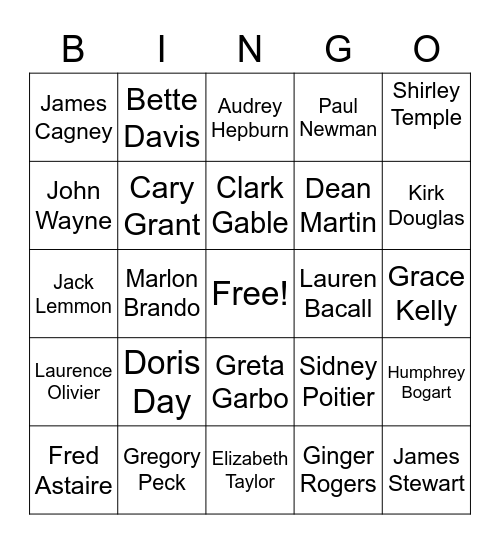 Old Hollywood Bingo Card