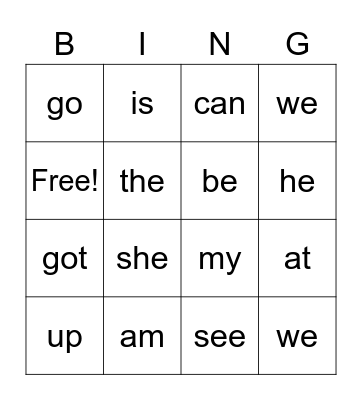 Sight Words Bingo Card