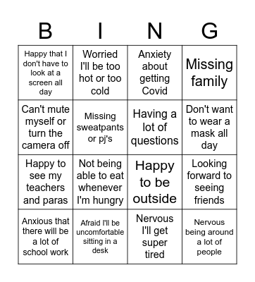 Return to School Bingo Card