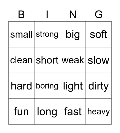 Opposites Bingo Card