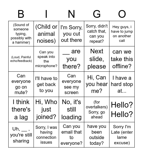 COVID Conference Calls Bingo Card