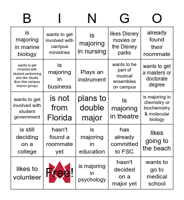 FSC Honors Hangout Bingo Card
