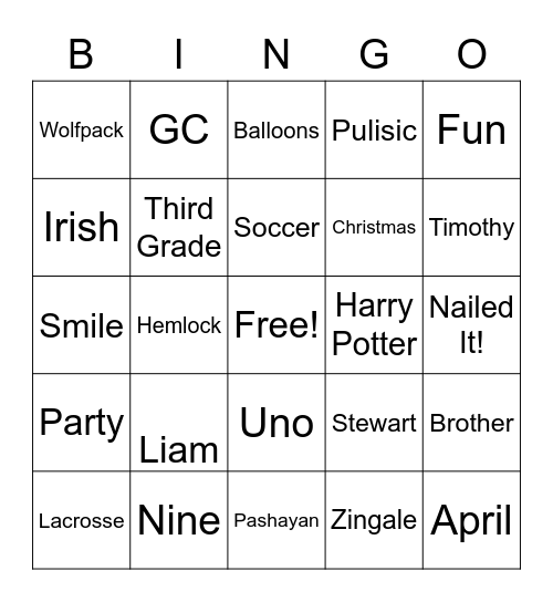 Liam’s Birthday Bingo Card