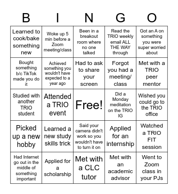 TRIO Summer Academy Reunion Bingo Card