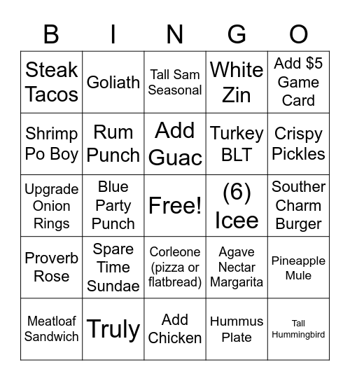 Spare Time Bingo Card