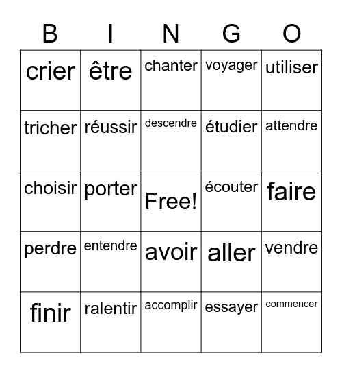 Les verbes au présent (ER, IR, RE) Bingo Card