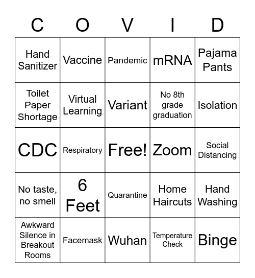 COVID 19 Bingo Card