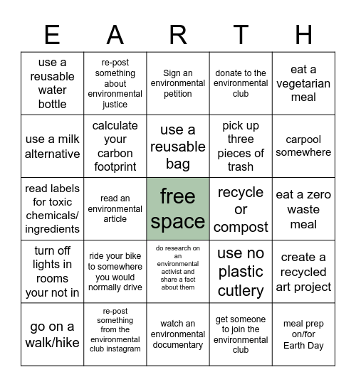 Earth Day Online Bingo Challenge Bingo Card