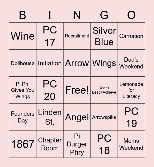 Pi Beta Phi Bingo Card