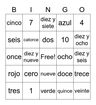 Spanish Numeros 0-20 Bingo Card