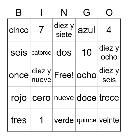 Spanish Numeros 0-20 Bingo Card