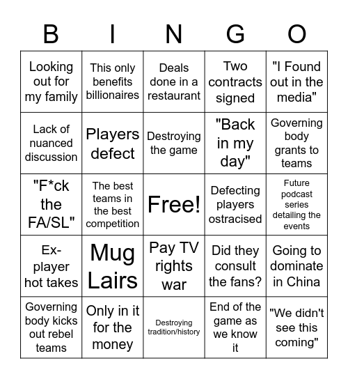 Super League Bingo Card