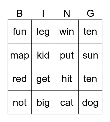 Words Bingo Card