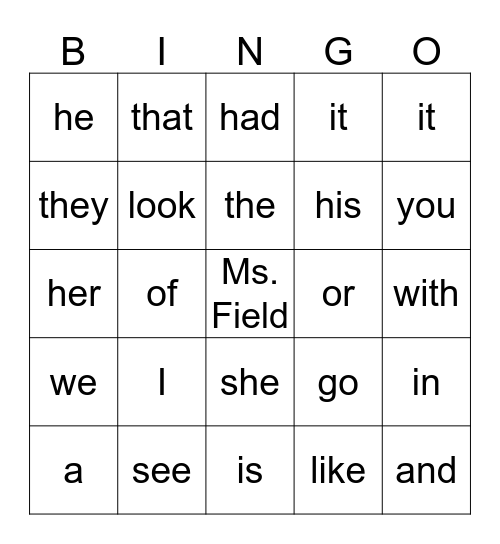 Star Word Bingo Card