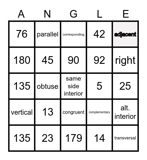 Angle Bingo Card