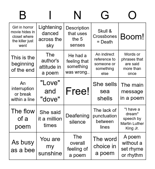 Poetry Review Bingo Card