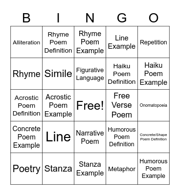 Poetry Bingo Card