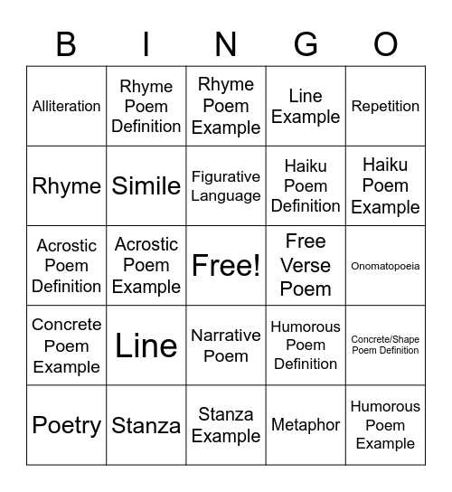 Poetry Bingo Card