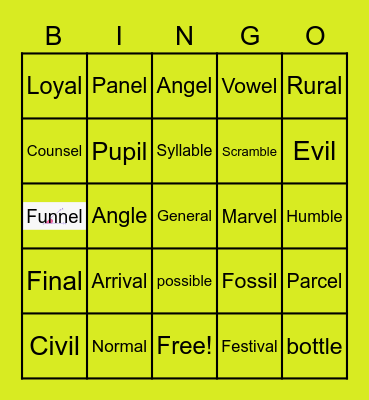 The Schwa Sound with L Bingo Card