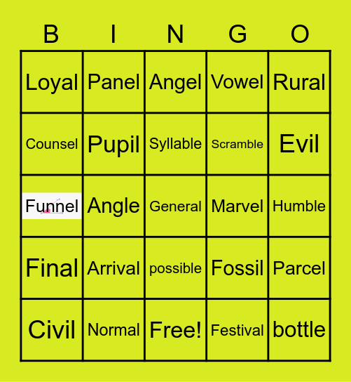 The Schwa Sound with L Bingo Card