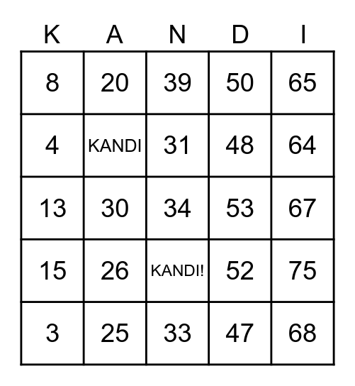 Kandi Free FRee SPACE Bingo Card