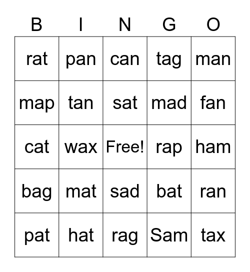 'a' words Bingo Card