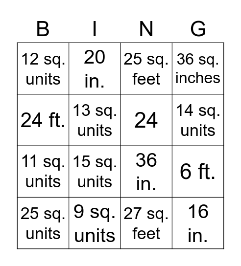Perimeter & AREA Bingo Card