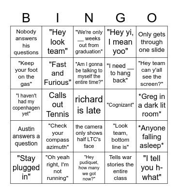 Mil Sci Class Bingo Card